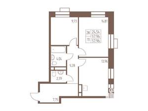 2-к квартира, строящийся дом, 58м2, 12/24 этаж