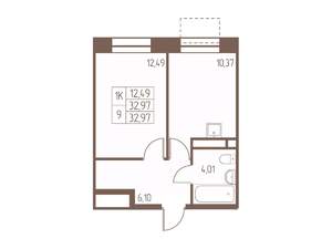1-к квартира, строящийся дом, 33м2, 11/16 этаж