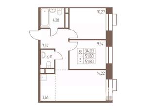 3-к квартира, строящийся дом, 52м2, 23/24 этаж
