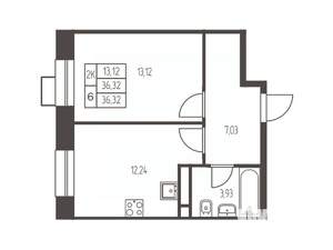 1-к квартира, строящийся дом, 36м2, 6/12 этаж