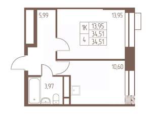 1-к квартира, строящийся дом, 35м2, 17/24 этаж