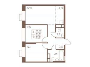 3-к квартира, строящийся дом, 54м2, 21/24 этаж