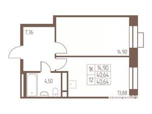 1-к квартира, строящийся дом, 41м2, 19/24 этаж