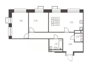 2-к квартира, строящийся дом, 71м2, 8/25 этаж