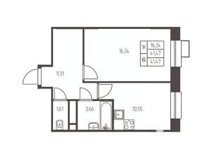 1-к квартира, строящийся дом, 42м2, 15/25 этаж