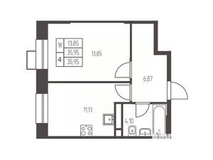 1-к квартира, строящийся дом, 36м2, 19/20 этаж