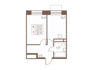 1-к квартира, строящийся дом, 33м2, 10/16 этаж