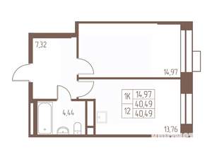 1-к квартира, строящийся дом, 41м2, 6/24 этаж
