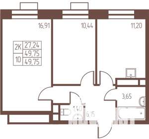 2-к квартира, строящийся дом, 50м2, 16/24 этаж