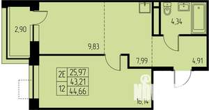 2-к квартира, строящийся дом, 45м2, 16/23 этаж