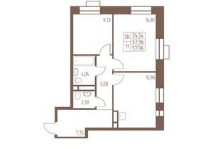 2-к квартира, строящийся дом, 58м2, 22/24 этаж