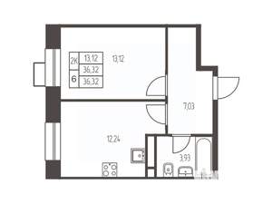 1-к квартира, строящийся дом, 36м2, 3/12 этаж