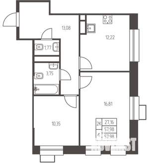 2-к квартира, строящийся дом, 58м2, 3/25 этаж