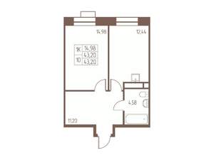 1-к квартира, строящийся дом, 43м2, 12/24 этаж