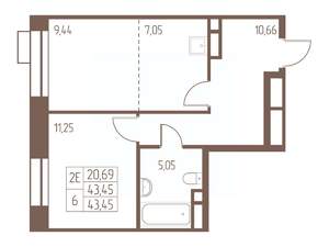 2-к квартира, строящийся дом, 44м2, 20/24 этаж