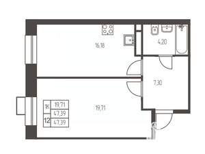 1-к квартира, строящийся дом, 47м2, 6/12 этаж