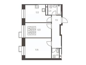 2-к квартира, строящийся дом, 56м2, 19/20 этаж