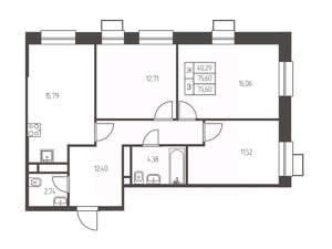 3-к квартира, строящийся дом, 76м2, 10/25 этаж