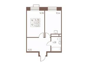 1-к квартира, строящийся дом, 43м2, 23/24 этаж