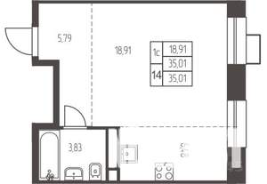 Студия квартира, строящийся дом, 35м2, 12/20 этаж