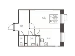 1-к квартира, строящийся дом, 42м2, 6/25 этаж