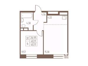 2-к квартира, строящийся дом, 40м2, 6/16 этаж