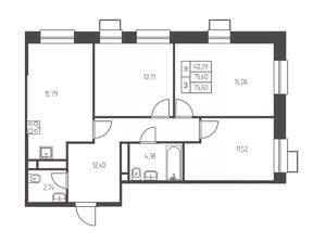 3-к квартира, строящийся дом, 76м2, 18/25 этаж