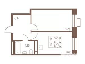1-к квартира, строящийся дом, 41м2, 14/24 этаж