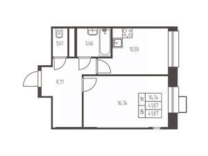 1-к квартира, строящийся дом, 42м2, 15/25 этаж