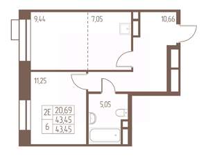 2-к квартира, строящийся дом, 44м2, 8/24 этаж