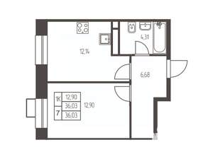 1-к квартира, строящийся дом, 36м2, 2/12 этаж