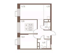 3-к квартира, строящийся дом, 54м2, 20/24 этаж