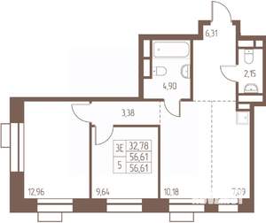 3-к квартира, строящийся дом, 57м2, 22/24 этаж