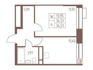 1-к квартира, строящийся дом, 35м2, 16/24 этаж
