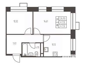 2-к квартира, строящийся дом, 47м2, 12/20 этаж