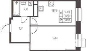 1-к квартира, строящийся дом, 39м2, 2/25 этаж