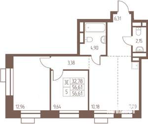 3-к квартира, строящийся дом, 57м2, 18/24 этаж