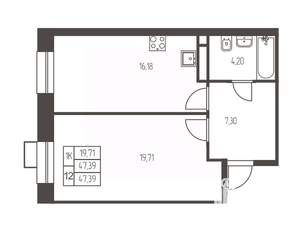 1-к квартира, вторичка, 47м2, 8/12 этаж