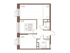 3-к квартира, строящийся дом, 54м2, 17/24 этаж