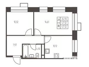 2-к квартира, строящийся дом, 47м2, 13/20 этаж