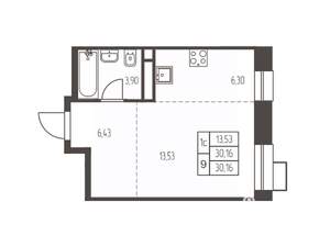Студия квартира, строящийся дом, 30м2, 13/20 этаж