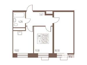 2-к квартира, строящийся дом, 53м2, 23/24 этаж