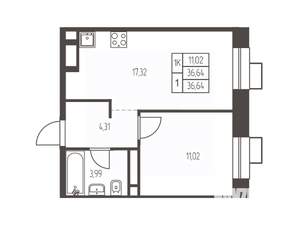 1-к квартира, вторичка, 37м2, 8/12 этаж