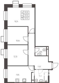 3-к квартира, строящийся дом, 71м2, 22/25 этаж