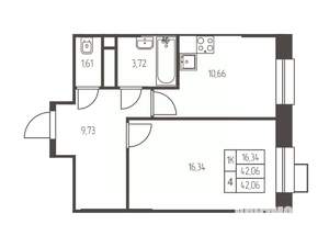 1-к квартира, строящийся дом, 42м2, 12/25 этаж