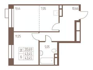 2-к квартира, строящийся дом, 44м2, 12/24 этаж