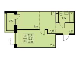 2-к квартира, строящийся дом, 45м2, 21/23 этаж