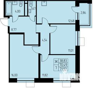 3-к квартира, строящийся дом, 72м2, 23/23 этаж