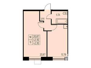 1-к квартира, строящийся дом, 43м2, 18/23 этаж