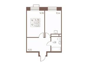 1-к квартира, строящийся дом, 43м2, 20/24 этаж